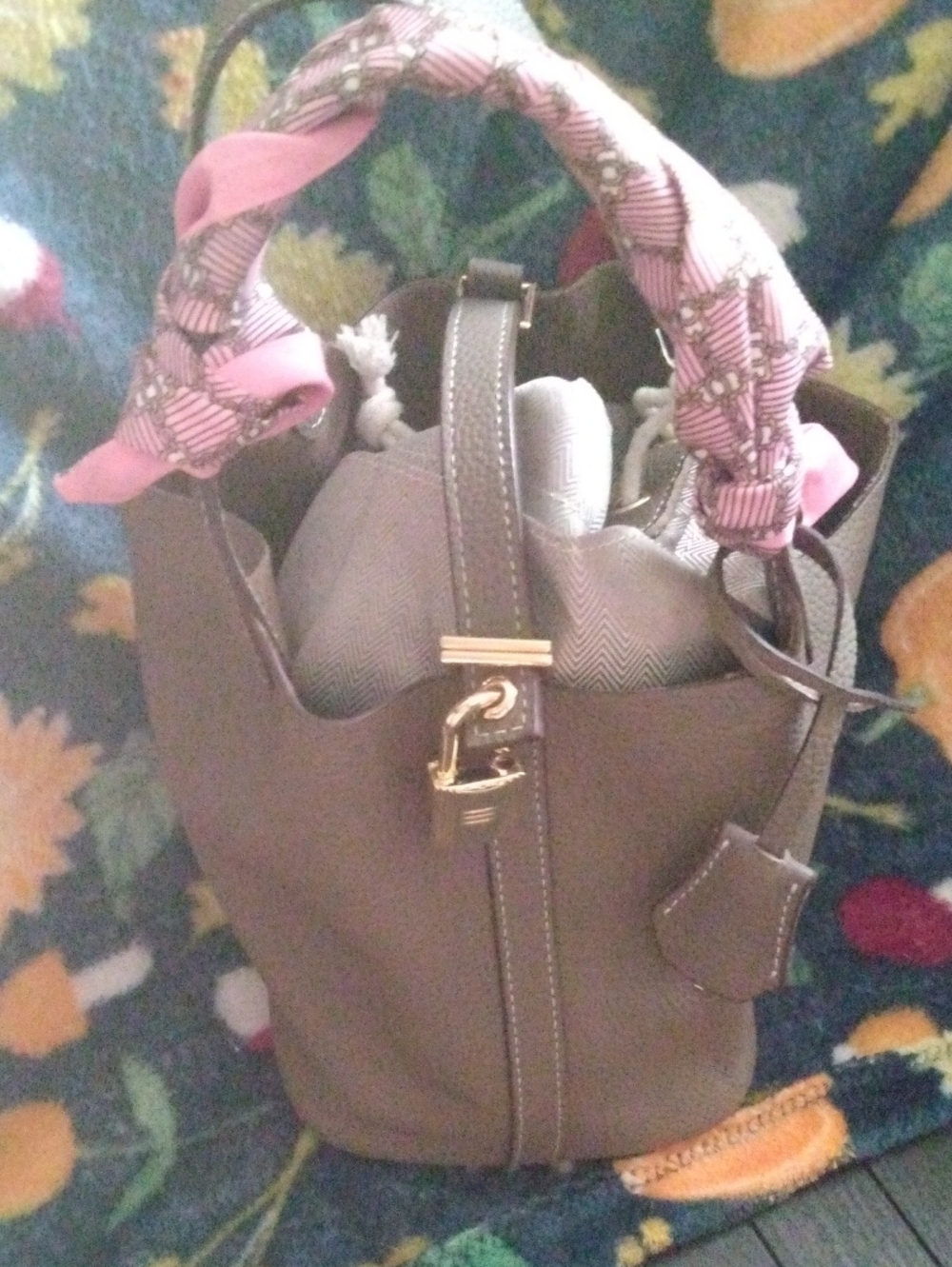 Taupe Women’s Bucket Bag with Pink Scarf Handle genuine leather